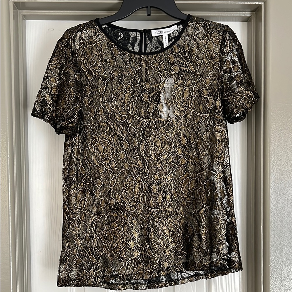 BCBGMaxAzria Black and gold  Graphic Embellished Blouse